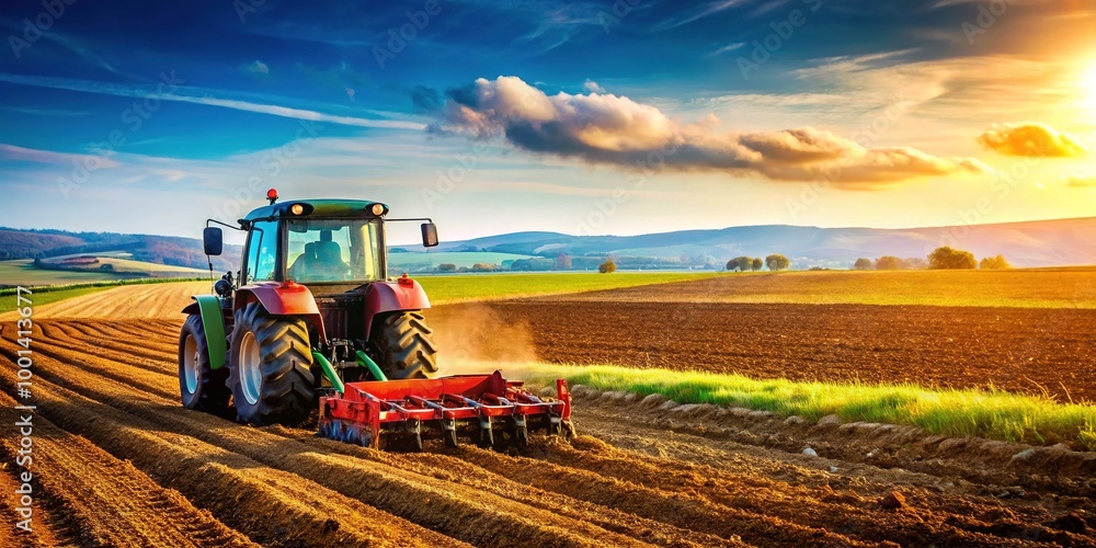 Fototapeta premium Agricultural Machinery Discing a Field Preparing Soil for Planting in Rural Landscape during Daylight