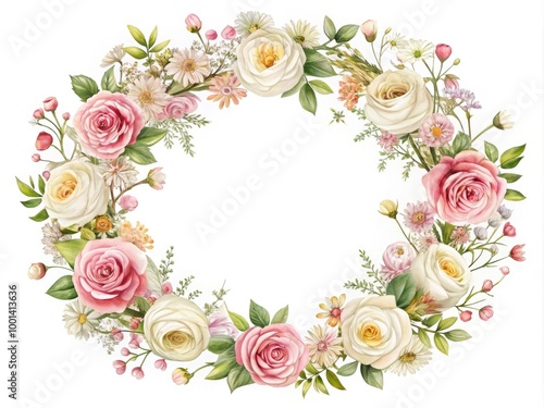 Delicate floral wreath borders made of intertwined roses, daisies, and baby's breath, perfect for adding a touch of elegance to invitations, cards, and social media posts.