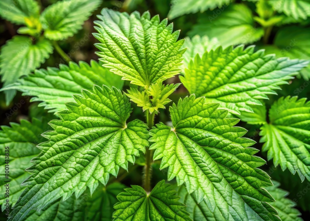 Delicate green leaves of the stinging nettle ortiga planta plant, with serrated edges and pointed tips, grow wildly in a dense forest underbrush environment. Delicate green leaves of the stinging nettle ortiga planta plant, with serrated edges and pointed tips, grow wildly in a dense forest underbrush environment.