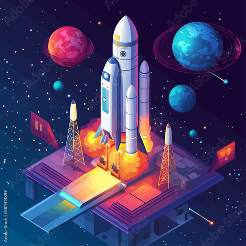 Isometric Rocket Launch with Satellite