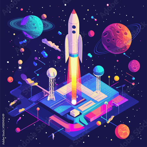 Isometric Rocket Launch with Satellite