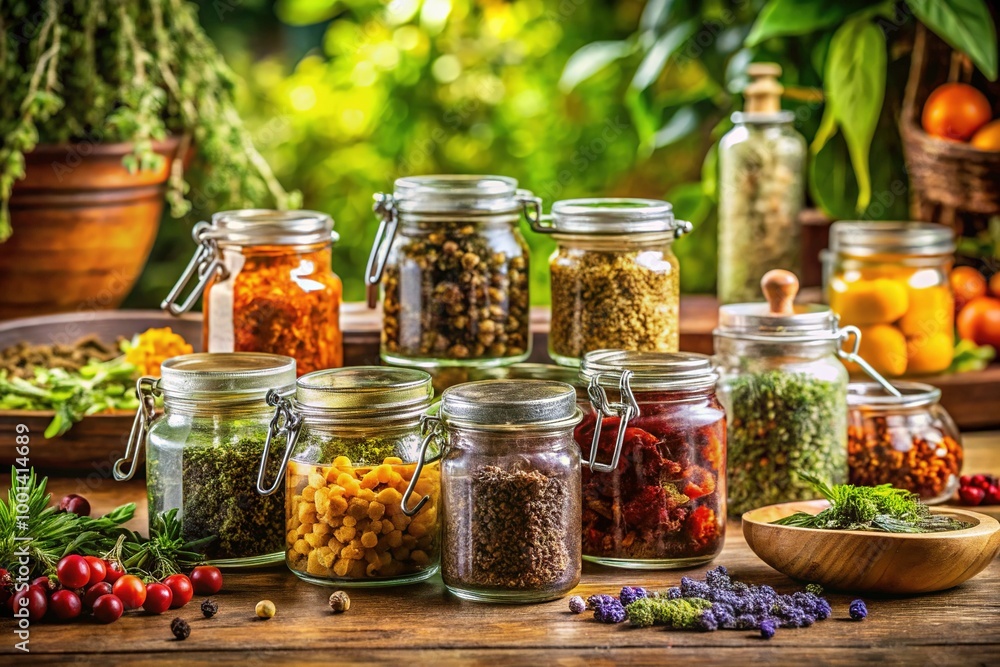 Assorted Herbal Jars Filled with Natural Ingredients for Aromatherapy and Culinary Uses in Kitchen Assorted Herbal Jars Filled with Natural Ingredients for Aromatherapy and Culinary Uses in Kitchen