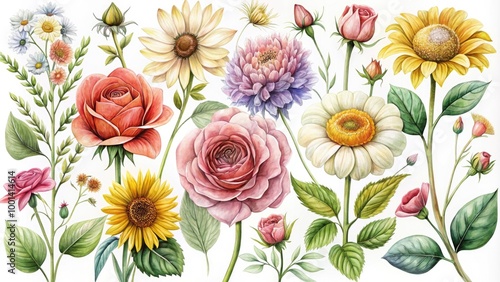 Wallpaper Mural Delicate, hand-drawn botanical illustrations of various colorful flowers, including roses, daisies, and sunflowers, set against a soft, white background, with gentle lines and subtle textures. Torontodigital.ca
