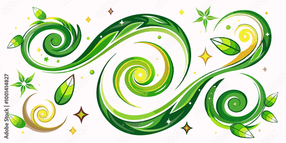 Set of Vibrant Abstract Wind Swirls Featuring Green Leaves and Sparkles
Set of Vibrant Abstract Wind Swirls Featuring Green Leaves and Sparkles