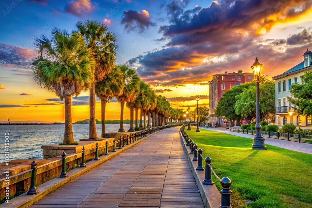 Fototapeta premium Battery Park in Charleston, South Carolina with historical landmarks and scenic waterfront views