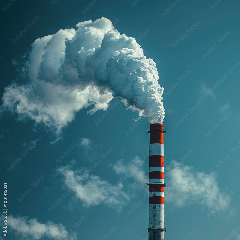 Industrial Chimney Emitting Smoke, Contributing to Pollution and Environmental Concerns with Factory Smog and Emissions Against Sky and Clouds, Highlighting Global Warming Industrial Chimney Emitting Smoke, Contributing to Pollution and Environmental Concerns with Factory Smog and Emissions Against Sky and Clouds, Highlighting Global Warming