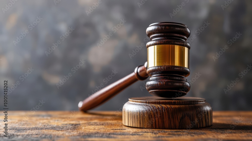 Wooden Gavel with Golden Band on a Wooden Block Wooden Gavel with Golden Band on a Wooden Block