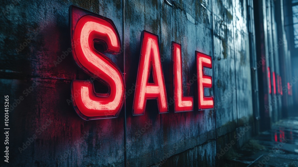 Neon Sale Sign on Grungy Wall - Urban Retail Display Neon Sale Sign on Grungy Wall - Urban Retail Display