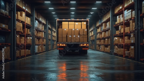 Rear View of Cargo Truck Loaded with Cardboard Boxes for Efficient Logistics and Transport Solutions photo