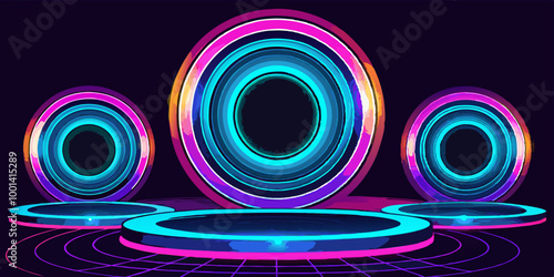 Set of glowing neon circles and rings, simulating the opening of portals or teleportation effects.
