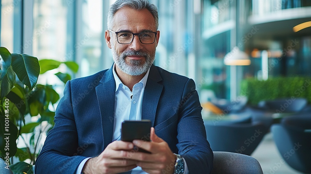 Experienced Businessman Using Smartphone in Modern Office Experienced Businessman Using Smartphone in Modern Office