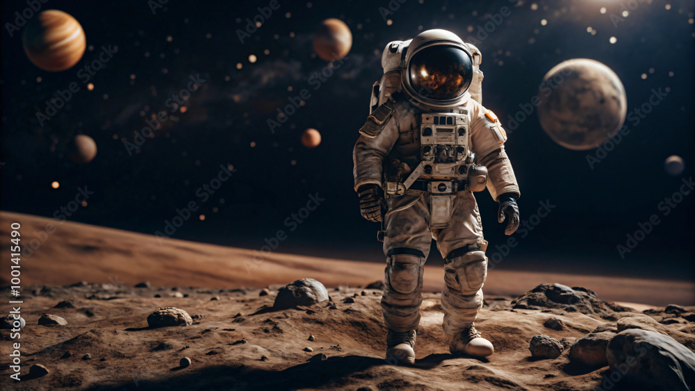 Obraz premium Futuristic astronaut in white spacesuit with helmet, isolated on space background