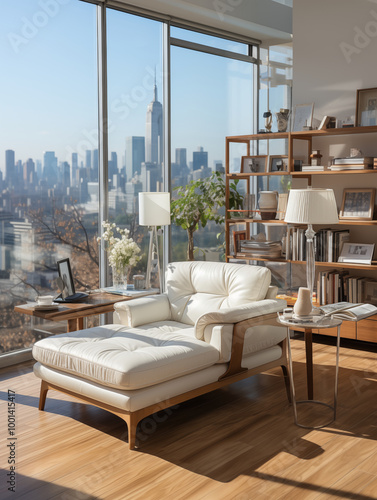 A modern minimalist room with the city skyline
