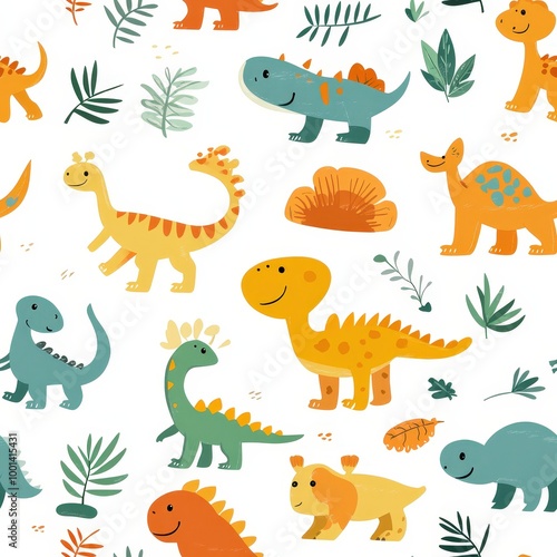 Cute dinosaur pattern with colorful illustrations on a light background, perfect for children's themes and educational purposes. Seamless Texture Tile