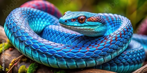 Beautiful Blue Runner Snake Coiled in Nature with Vibrant Colors and Intricate Patterns on Scales