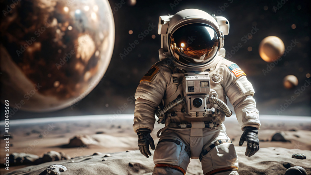 Fototapeta premium Futuristic astronaut in white spacesuit with helmet, isolated on space background