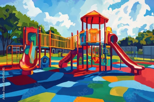 Capture a vibrant, sprawling playground during recess in vivid colors, blending traditional oil painting techniques with digital enhancements photo