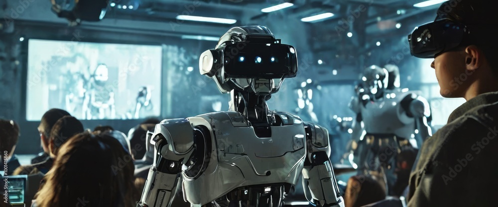 Naklejka premium In a futuristic high-tech environment, robots watch a presentation on large screens. The image highlights the integration of artificial intelligence and robotics in educational or corporate settings