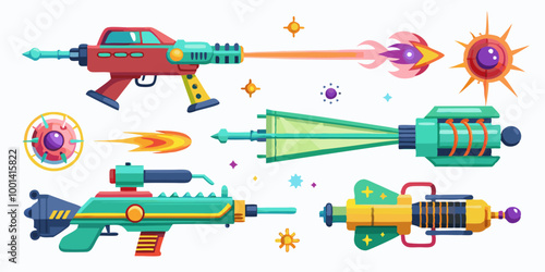 Set of VFX gun effects, featuring space blasters, lasers, and plasmic beams in various colors and styles.