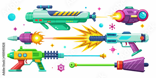 Set of VFX gun effects, featuring space blasters, lasers, and plasmic beams in various colors and styles.