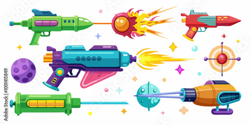 Set of VFX gun effects, featuring space blasters, lasers, and plasmic beams in various colors and styles.