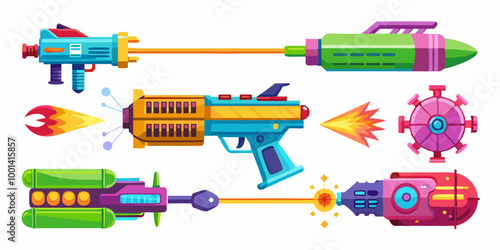 Set of VFX gun effects, featuring space blasters, lasers, and plasmic beams in various colors and styles.