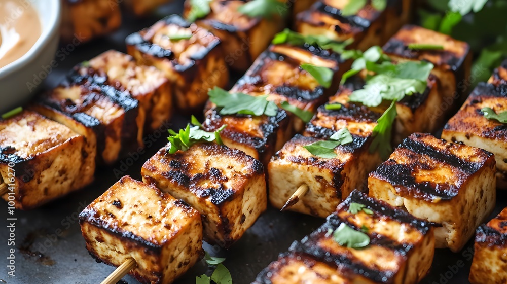 Grilled Tofu Skewers with Cilantro and Dipping Sauce Grilled Tofu Skewers with Cilantro and Dipping Sauce