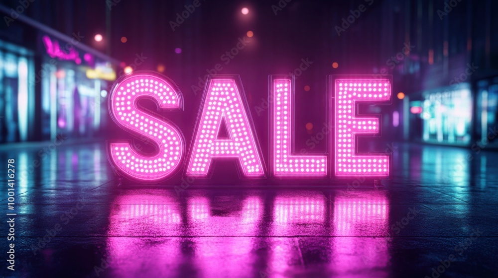 Neon Sale Sign in a City Street at Night Neon Sale Sign in a City Street at Night