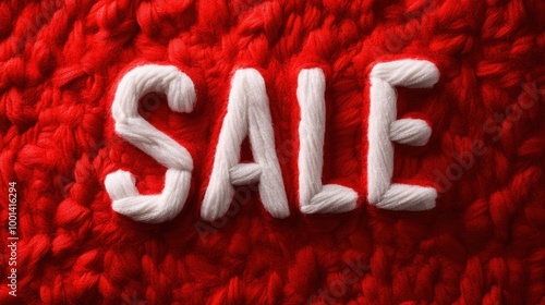 Sale Word Made of White Yarn on Red Fabric Background