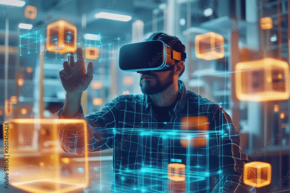 A virtual reality designer engages with floating 3D objects in a modern ...
