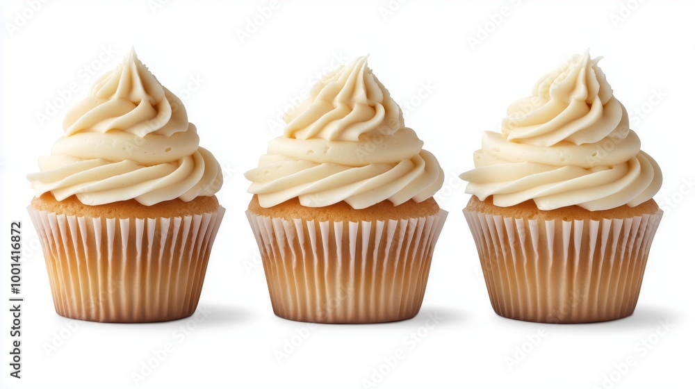 Row of Three Vanilla Cupcakes with Light Beige Frosting on Plain White Background Row of Three Vanilla Cupcakes with Light Beige Frosting on Plain White Background
