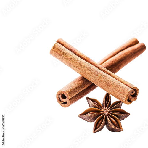 Fresh cinnamon sticks paired with a beautiful star anise, perfect for culinary and aromatic uses.