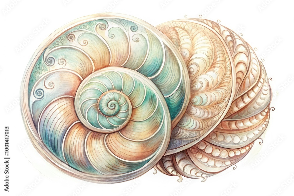 Obraz premium Delicate hand-drawn illustration of a spiral seashell in soft pastel hues on a white background, adorned with gentle swirls and intricate details.