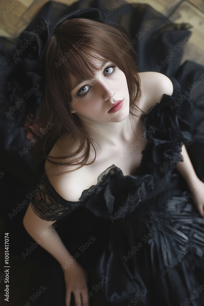 Naklejka premium An elegant woman gazes upward, wearing a black Victorian-style dress with ruffles, highlighting vintage fashion.