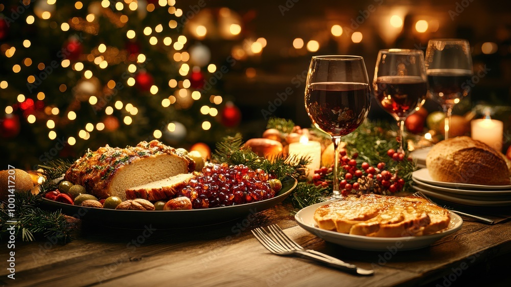 Festive holiday dinner setting with dishes and wine surrounded by Christmas lights. Festive holiday dinner setting with dishes and wine surrounded by Christmas lights.