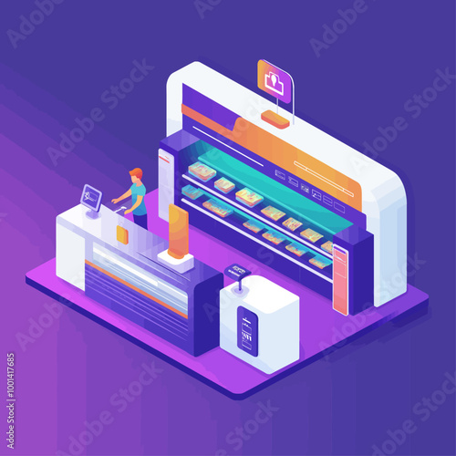 Isometric Smart Checkout with Cashier