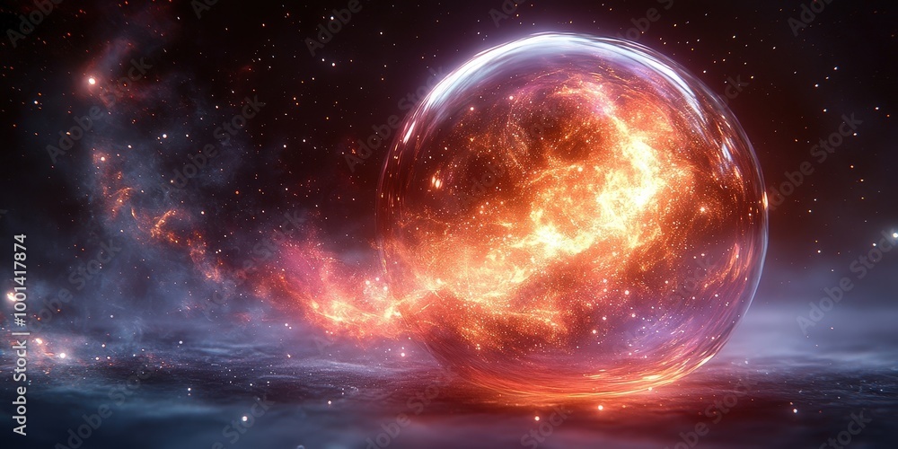 A spherical orb of cosmic energy, radiating vibrant orange and red hues, floats amidst a starry expanse, illuminated by a faint glow emanating from its core. A spherical orb of cosmic energy, radiating vibrant orange and red hues, floats amidst a starry expanse, illuminated by a faint glow emanating from its core.
