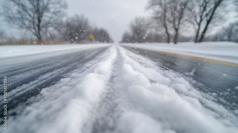 Snow-covered road with tire tracks during snowfall
Snow-covered road with tire tracks during snowfall