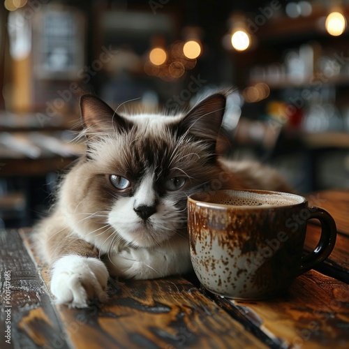 Grumpy Cat Displeased with Morning Coffee on Kitchen Table: Unhappy Face, Negative Emotion, and Tired Mood