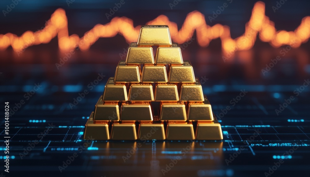 Gold bullion stacked in a pyramid shape, digital background with financial chart.