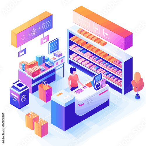 Isometric Smart Checkout with Cashier