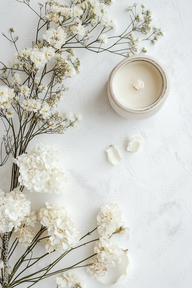 White florals with a single candle capture a serene ambiance, embodying purity and spiritual calm. White florals with a single candle capture a serene ambiance, embodying purity and spiritual calm.