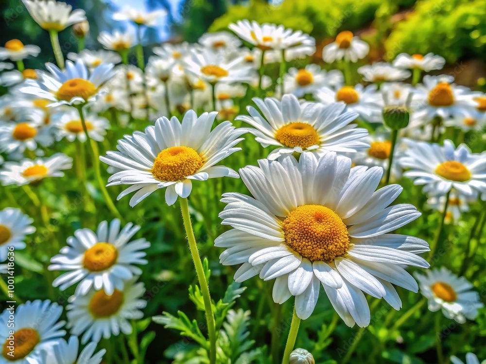 Fototapeta premium Bright and Cheerful Daisy Shrubs in Bloom Surrounded by Lush Green Foliage on a Sunny Day