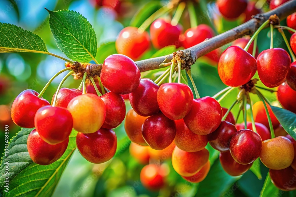 Fototapeta premium Bright and Vibrant Jerusalem Cherry Fruits on a Branch Surrounded by Lush Green Foliage