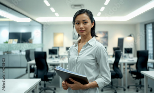 Confident Asian Businesswoman in a Cold-Toned Modern Office with Blurred Background