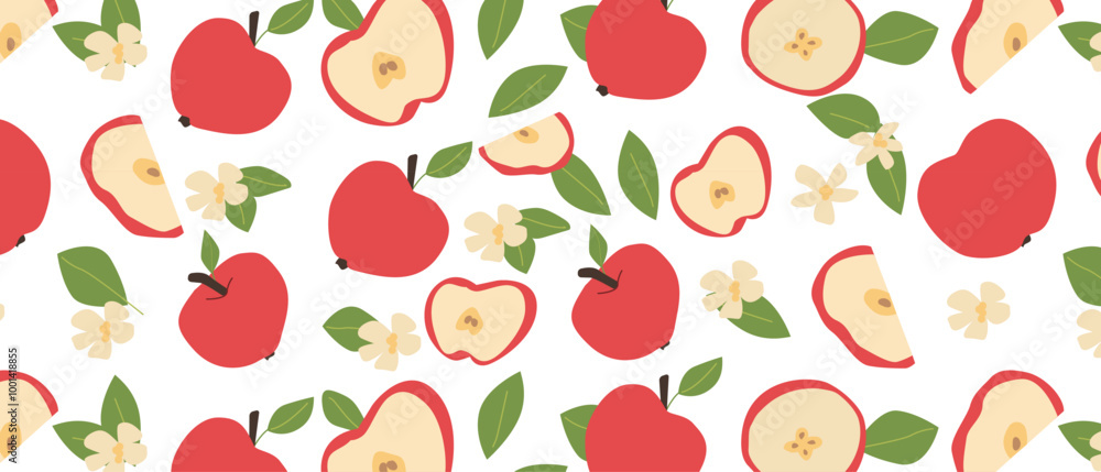 Hand drawn abstract apple pattern with plant parts and sliced food. Seamless pattern for textile, wrapping paper, posters. Fashion textures of fruit sliced and whole. Hand drawn abstract apple pattern with plant parts and sliced food. Seamless pattern for textile, wrapping paper, posters. Fashion textures of fruit sliced and whole.