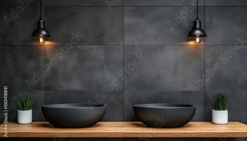 Modern bathroom sinks on wooden counter with plants and pendant lights.