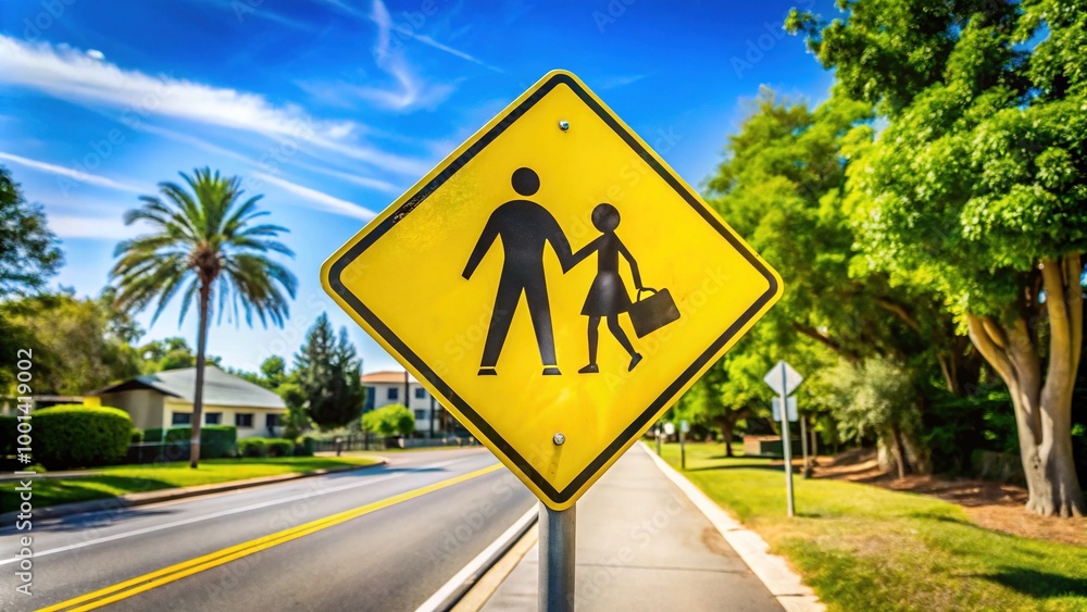 Bright Yellow School Zone Crossing Sign Alerting Drivers to Reduce Speed Near Educational Facilities