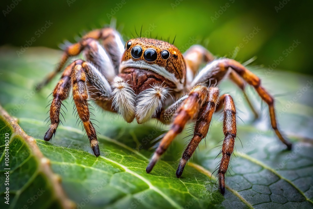 Brown and White Spider Crawling on a Leaf in Natural Habitat with Detailed Macro Photography Shot Brown and White Spider Crawling on a Leaf in Natural Habitat with Detailed Macro Photography Shot