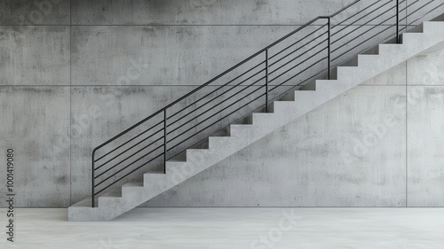 Modern concrete staircase with black railing against a minimalist backdrop.